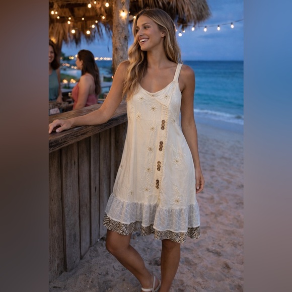 raya sun Dresses & Skirts - Raya Sun Embroidered Ivory Dress Medium Boho Cottagecore Lace Animal Print